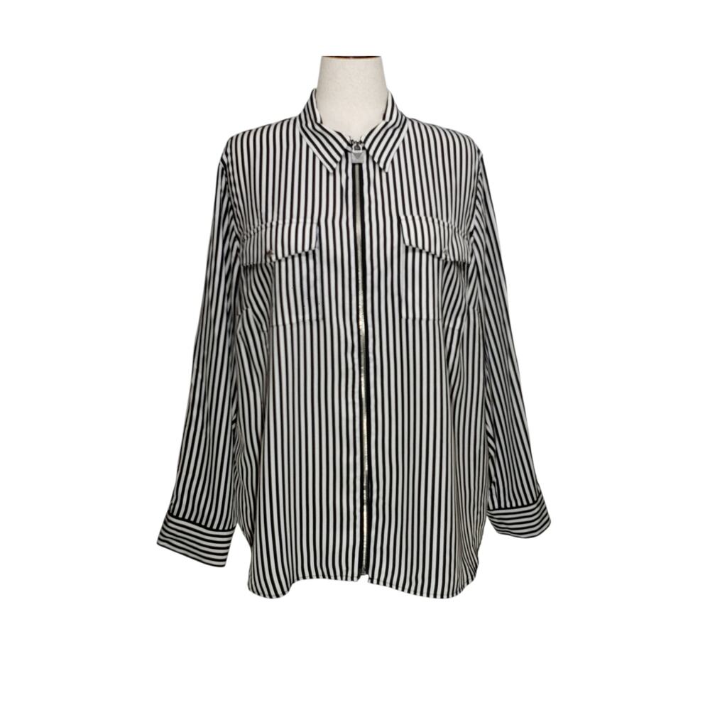 Michael Michael Kors 2X Vertical Stripe Zip Front Top NWT Polyester Long Sleeve